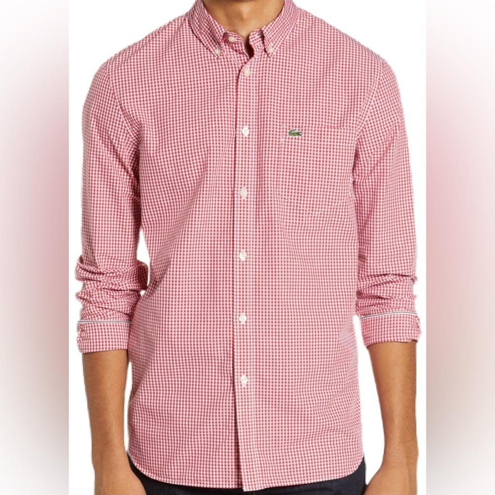 Lacoste Red Gingham Button Down Shirt Size 40 Medium 100% Cotton Classic Fit